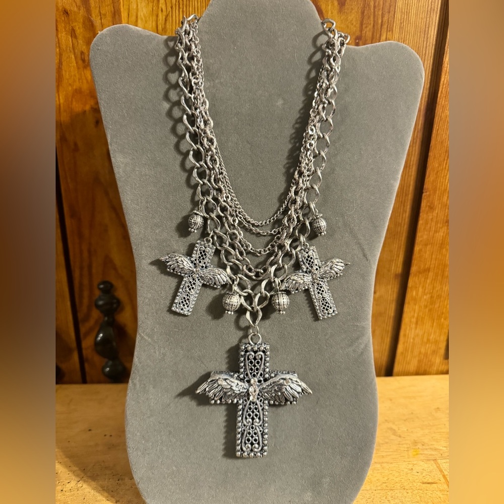 Stunning Multi Strand Statement Cross with Angel Wings Rhinestone Necklace